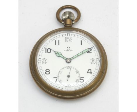 Omega, a British Military keyless wind open face pocket watch, signed movement, numbered 10038069, press back case, engraved 