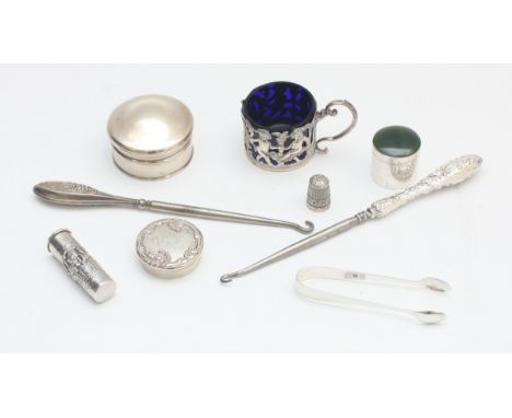 A New Zealand 925 silver pill box with nephrite jade pull off cover, a Sterling silver rouge box, other silver and a silver p