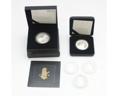 The Royal Mint, 2020 Queens Beast, 1oz silver proof coin, 2019 1oz silver proof Cartwheel Penny, and three silver proof coins