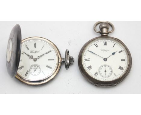 Woodford, a contemporary silver half hunter pocket watch and a silver Waltham open face pocket watch, both working when catal