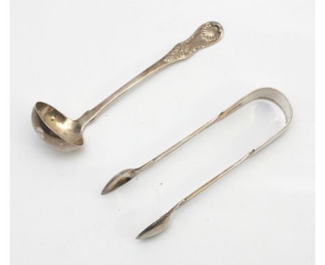 A pair of Victorian silver sugar tongs, London 1838, together with a silver toddy ladle, Glasgow 1824, 93gm, (2)
