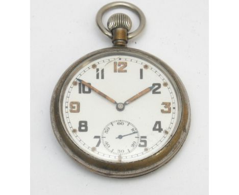 A British Military keyless wind open face pocket watch, 15 jewel movement, case engraved GS/TP over P39278 over Broad Arrow, 