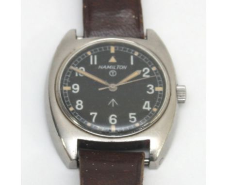 Hamilton W10, a British Army issue manual wind wristwatch, Broad Arrow over W10-6645-99 over 20717/73, c.1973, 33mm, leather 