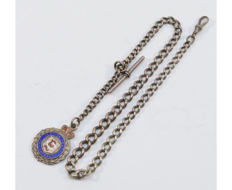 A silver and enamel Masonic watch fob with chain, 'Justice Truth Philanthropy' Birmingham 1957, 52gm.