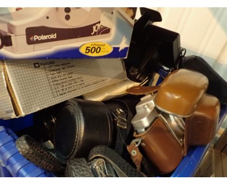 Quantity of mixed cameras including Nikon F55 Polaroid Zeiss Ikon Tamron and other lenses and flash guns