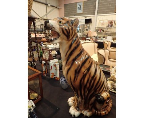 Large ceramic seated tiger figurine H: 75 cm 