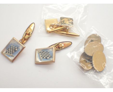 Three pairs of gold plated cufflinks one engine turned one with Phoenix motifs and one with chequered flags