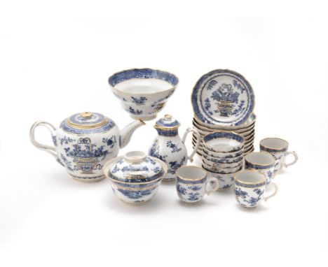 A Chinese blue and white part tea and coffee service, circa 1780-1795, each piece painted with a basket of flowers, comprisin