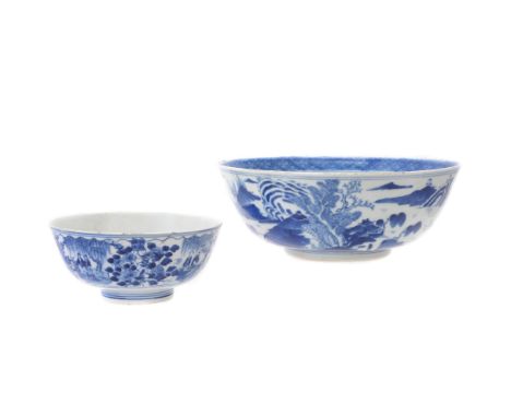 Two Chinese blue and white bowls, Kangxi, one painted on the exterior with a continuous landscape scene, the interior with on