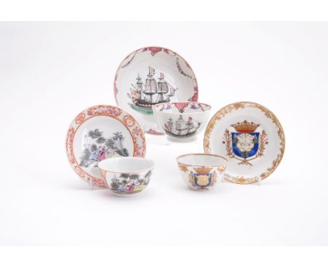 Three Chinese export famille rose tea bowls and saucers, circa 1780, comprising: British galleon with flags flying and open s