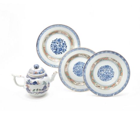 Three Chinese 'Famille Verte' plates, Kangxi, painted in underglaze blue and the well with a brightly coloured band with alte