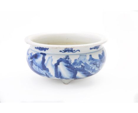 A Chinese blue and white incense burner, Kangxi (1662-1722), the bombé-shaped body painted with three figures in a mountainou