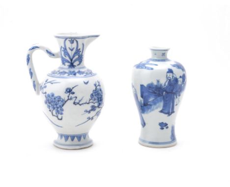 A Chinese blue and white transitional-style ewer, the globular body painted with bamboo, prunus and daffodils, between a foli