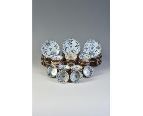 Thirty-two Ca Mau 'Wild Cherry' shipwreck blue and white tea bowls and thirty saucers, circa 1725, painted in a dark blue wit