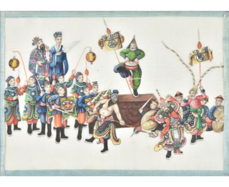 Three Chinese gouache paintings, 19th century, Guangdong region, on pith paper, one painted with various Taoist deities givin