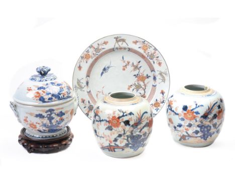 A Chinese circular Imari 'Three friends of winter' tureen, Kangxi (1662-1722), painted bamboos, pine trees and chrysanthemums