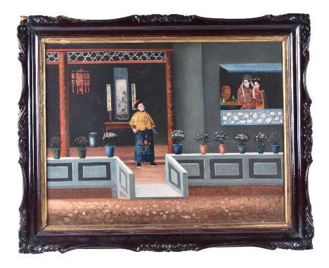 A Chinese export painting, early 19th century, oil on canvas, depicting a lady seated at an open window adjusting her headdre