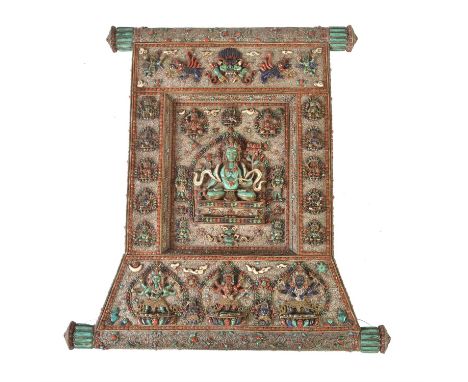 Y A Nepalese inlaid silver coloured Thangka, embossed decoration of filigree silver coloured wire and encrusted with coral, t