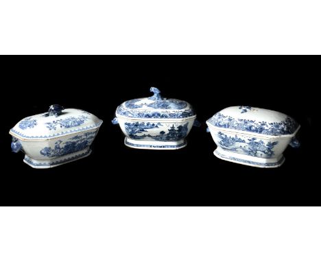 Three various Chinese Export blue and white tureens and covers, all Qianlong, comprising one painted with figures crossing br