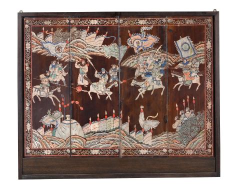 A small Chinese four-panel coromandel 'Three Kingdoms' screen, Qing Dynasty, each rectangular panel on rectangular feet, the 