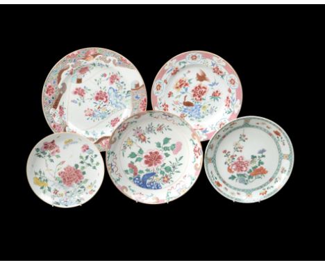 Five various Chinese 'Famille Rose' dishes, all Qianlong, comprising: a dish painted with peony and other flowers in bright e