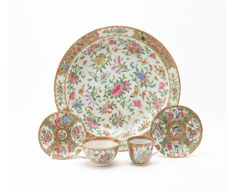 A group of Cantonese export porcelain, 19th century, Qing dynasty, including one coffee cup, 6.2cm high, one tea cup, 9.7cm d