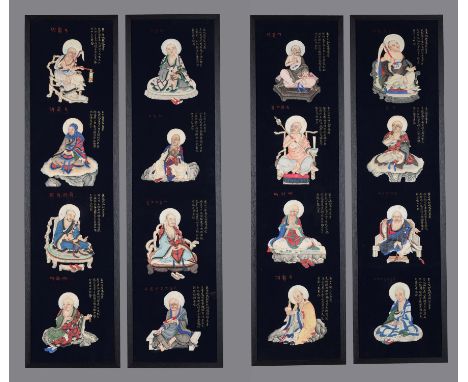 A set of four painted silk panels of the sixteen luohan, each panel is embroidered with four luohan, each depiction accompani