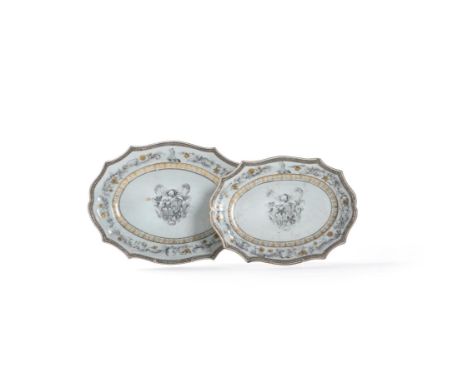Two Chinese Export Armorial serving dishes, Qianlong, decorated en grisalle with gilded details with central armorial and cre