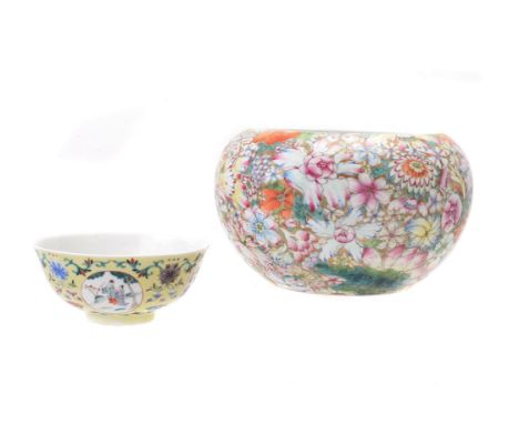A Chinese famille rose 'Mille Fleur' brush washer, late 19th century, decorated to both exteriors with a dense ground of flow