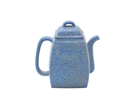 A Chinese yixing 'Robin's egg'-enamelled faceted teapot and cover, the square body of the teapot tapers gently to the mouth r