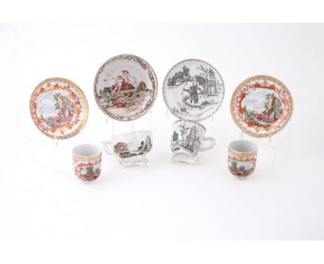 A pair of Chinese famille rose 'Meissen style' cups and saucers, each painted with an European figure in a fortified river sc