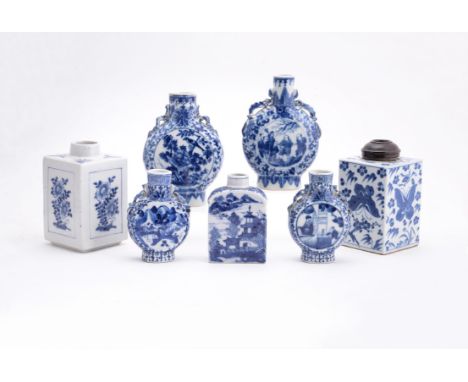 Two square Chinese blue and white tea caddies, 18th-19th century, one decorated with butterflies and the other with floral fo