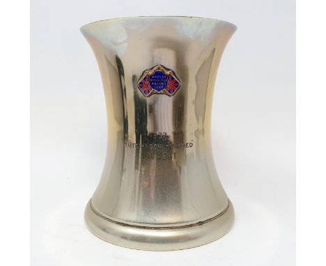 A silver plated tankard, with British Motorcycle Racing Club enamel badge, Brooklands 1937 Hutchinson Hundred, won by Jock We