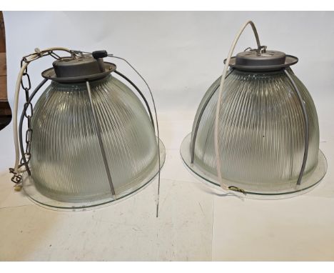 A pair of 30cm diameter holophane industrial ceiling lamp shade, with glass base and fittings, 40cm extended 