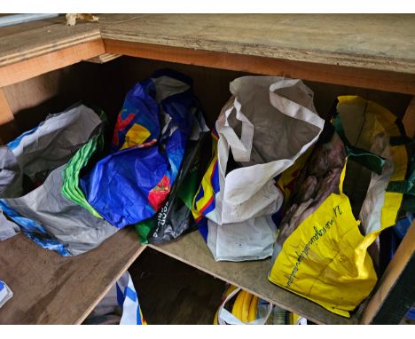 A shelf of tools, 5 x bags assorted.