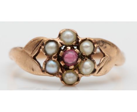 A 9ct gold split pearl and garnet cluster ring, P, 2.4gm. 