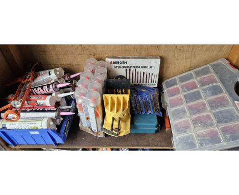 2 x boxes of painters dust sheets, various sealants and tools.