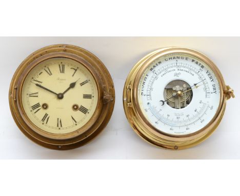 A Rapport brass cased ships clock, 16cm and a Lchats barometer. 