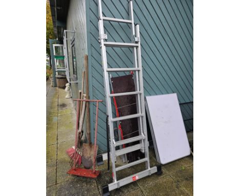 A Youngmans 200 set of ladders with work platform and other garden tools 