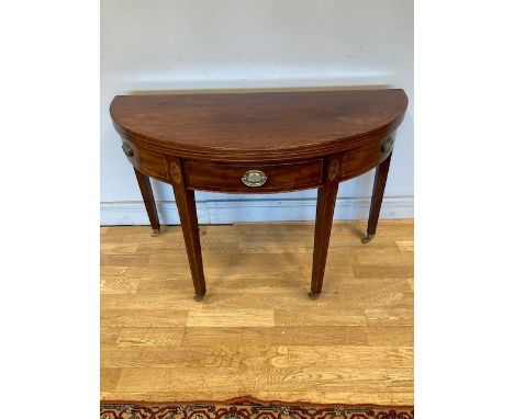 An Edwardian inlaid mahogany demiloon gate leg fold over tea table, 104 x 68 x 45.5cm. 