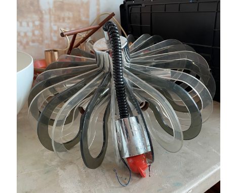 A 1970s copper three branch hanging ceiling light, together with a 1950s style perspex 'rise &amp; fall' ceiling light. (2) 