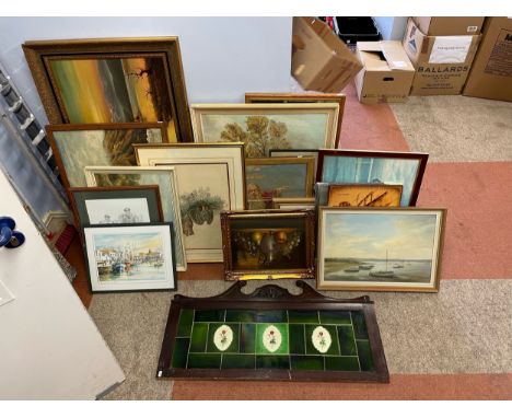 A collection of prints and paintings to include a R. Adams oil on board harbor scene, 36 x 54cm, together with a framed tile 