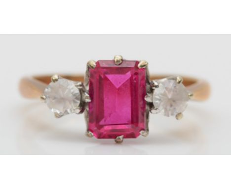 A 9ct gold synthetic ruby and white sapphire ring, K, 2gm. 