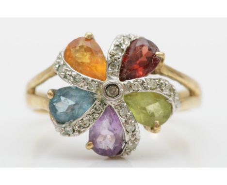 A 9ct gold diamond, topaz, amethyst, garnet, citrine and peridot cluster ring, Q, 3.3gm. 