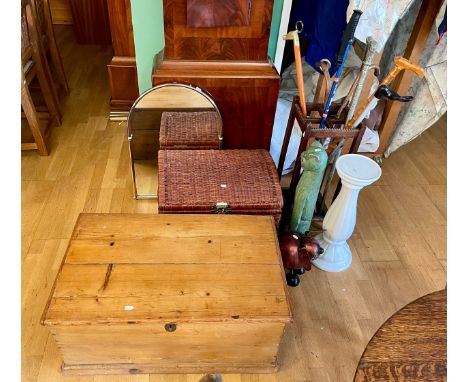 An early 20th century stripped pine blanket box, W80, D48, H36cm, together with a wicker box, a magazine rack, an oak umbrell