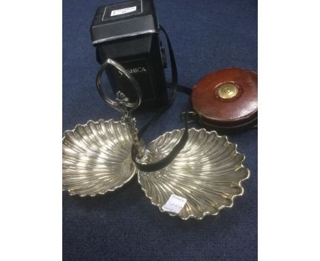YASHICA TWIN REFLEX CAMERA, along with a plated nut dish, slide rule and a Rathbone measure