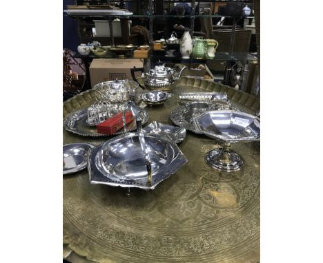 SILVER PLATED THREE PIECE PART FLUTED TEA SERVICE, along with a group of other plated items