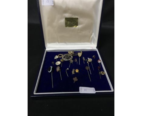 LOT OF STICK PINS, including some silver examples; along with some brooches, and a Liberty wallet