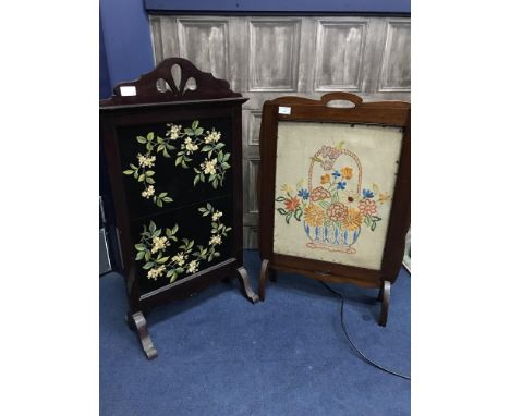 TWO TAPESTRY FIRE SCREENS, along with a wall mirror