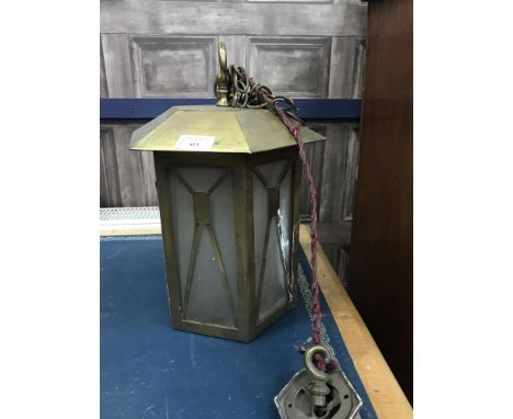 SMALL BRASS LIGHT SHADE, with glass inserts